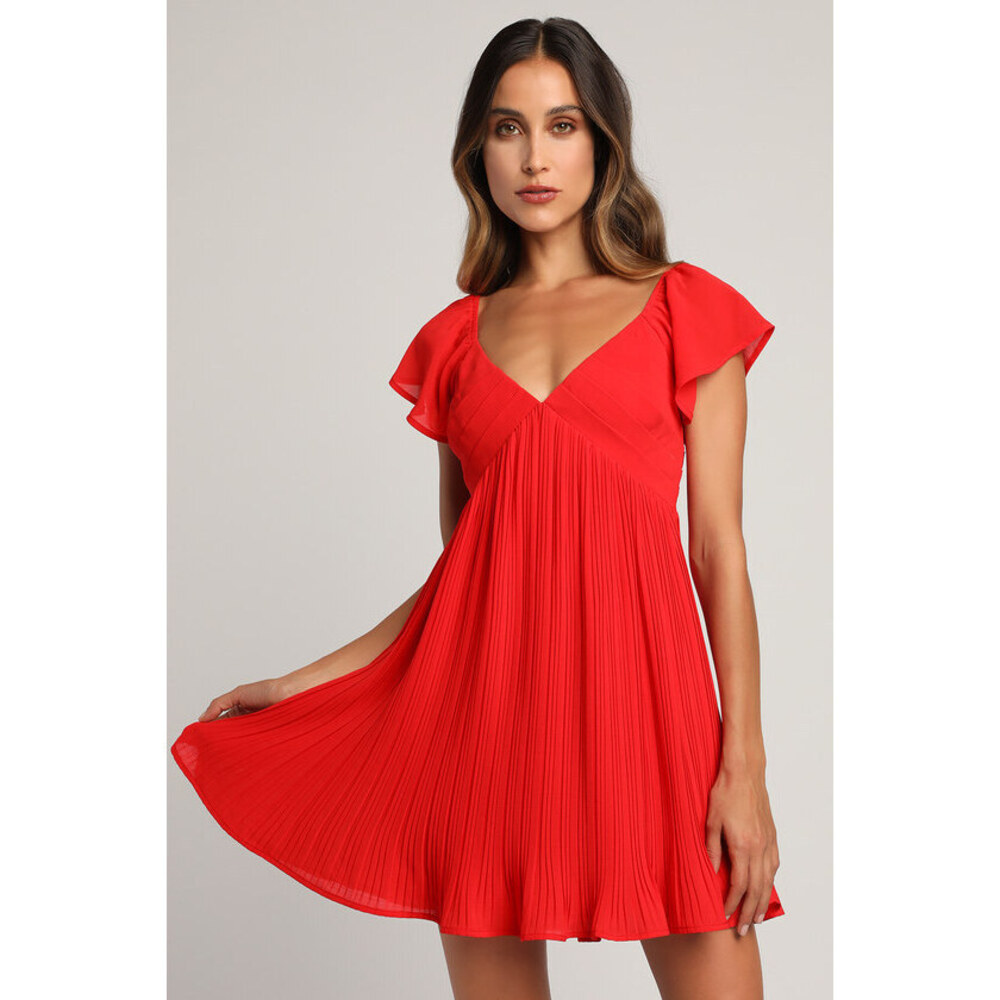 NWT Lulus Red Pleated Flutter Sleeve Mini Dress - Size L